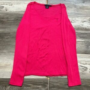 Ralph Lauren Sport Bright Pink Womens L Pink Pony Preppy V-neck Knit Sweater‎